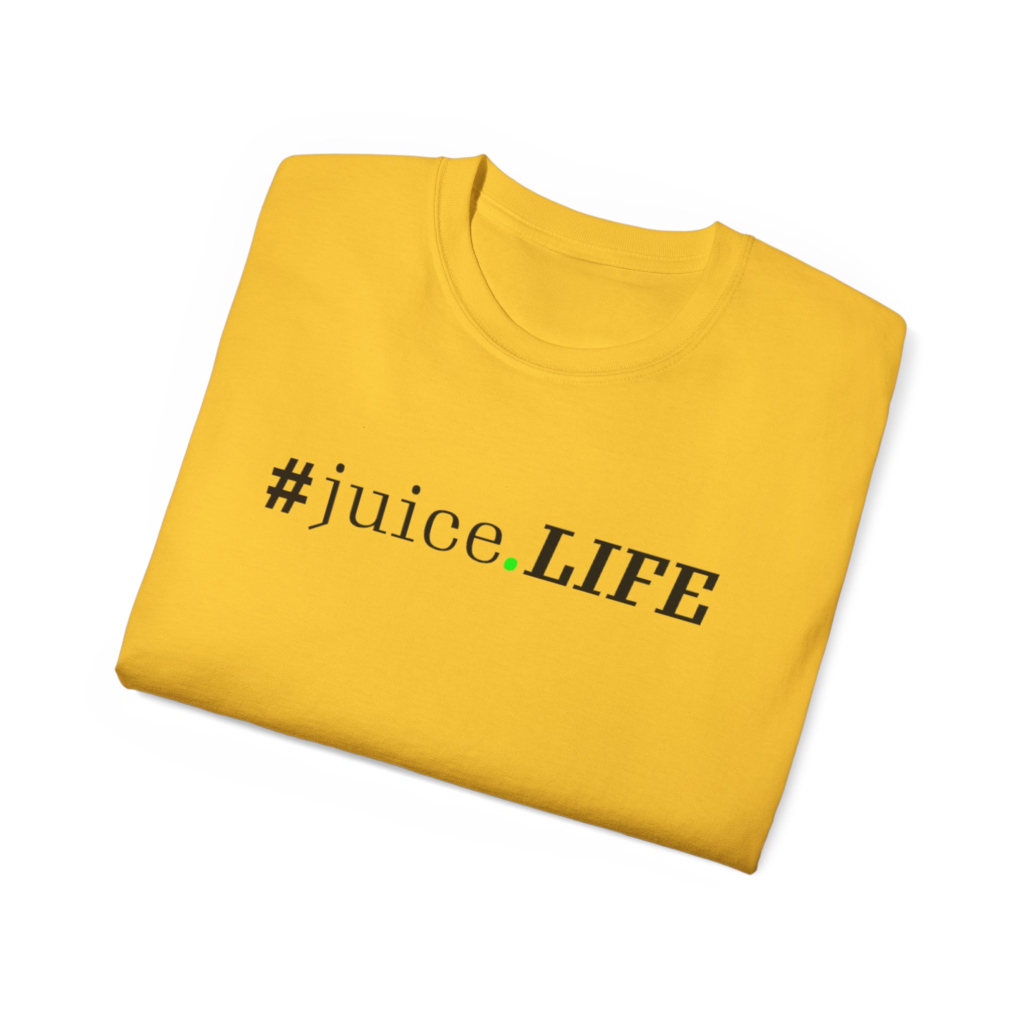 Yellow t-shirt with '#juiceLIFE' print.