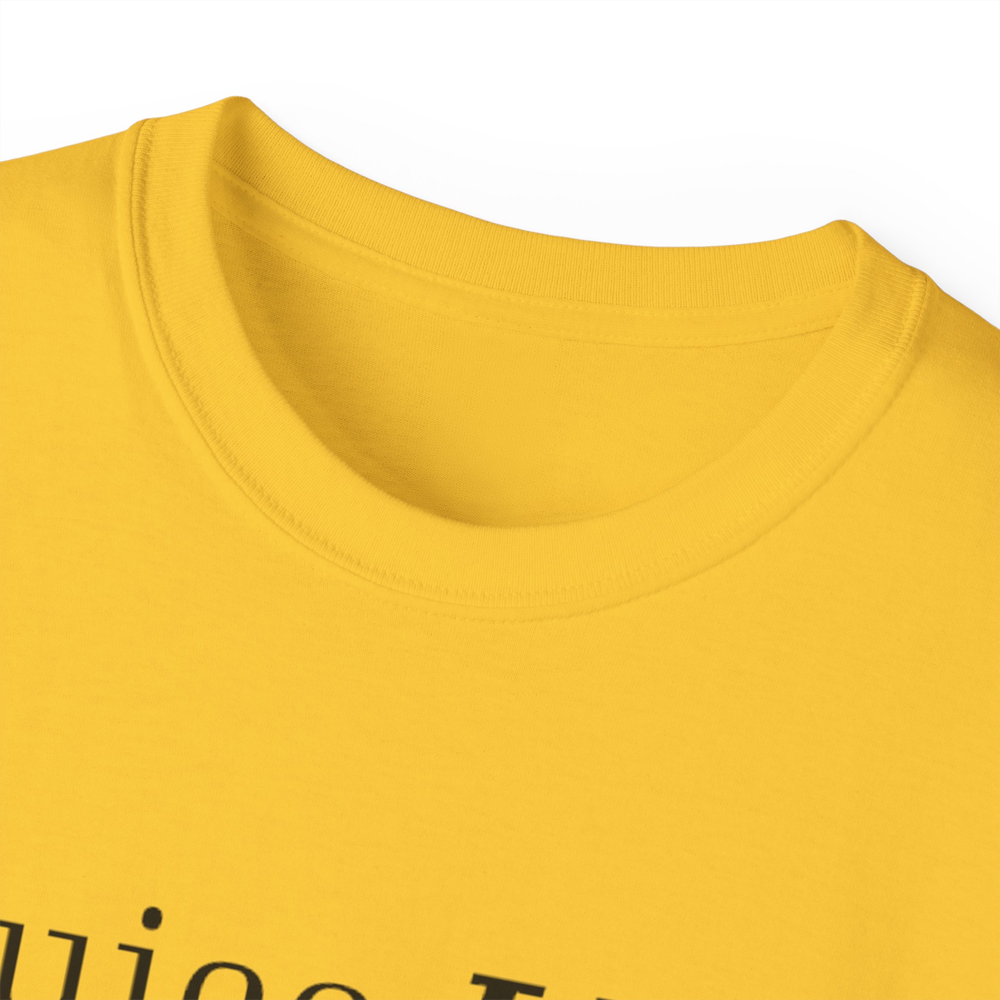 Close-up of a yellow T-shirt collar and partial printed text.