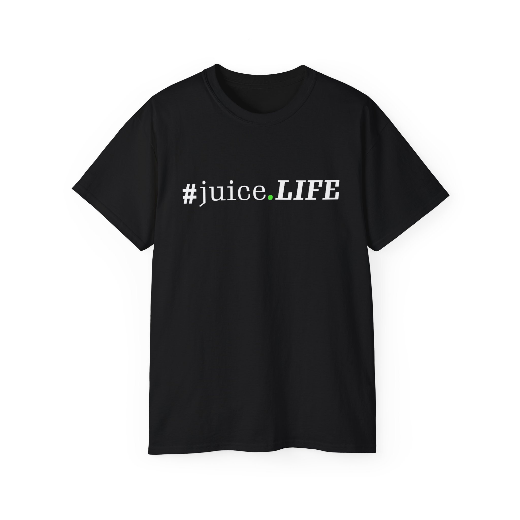 Black t-shirt with white #juice.LIFE text.
