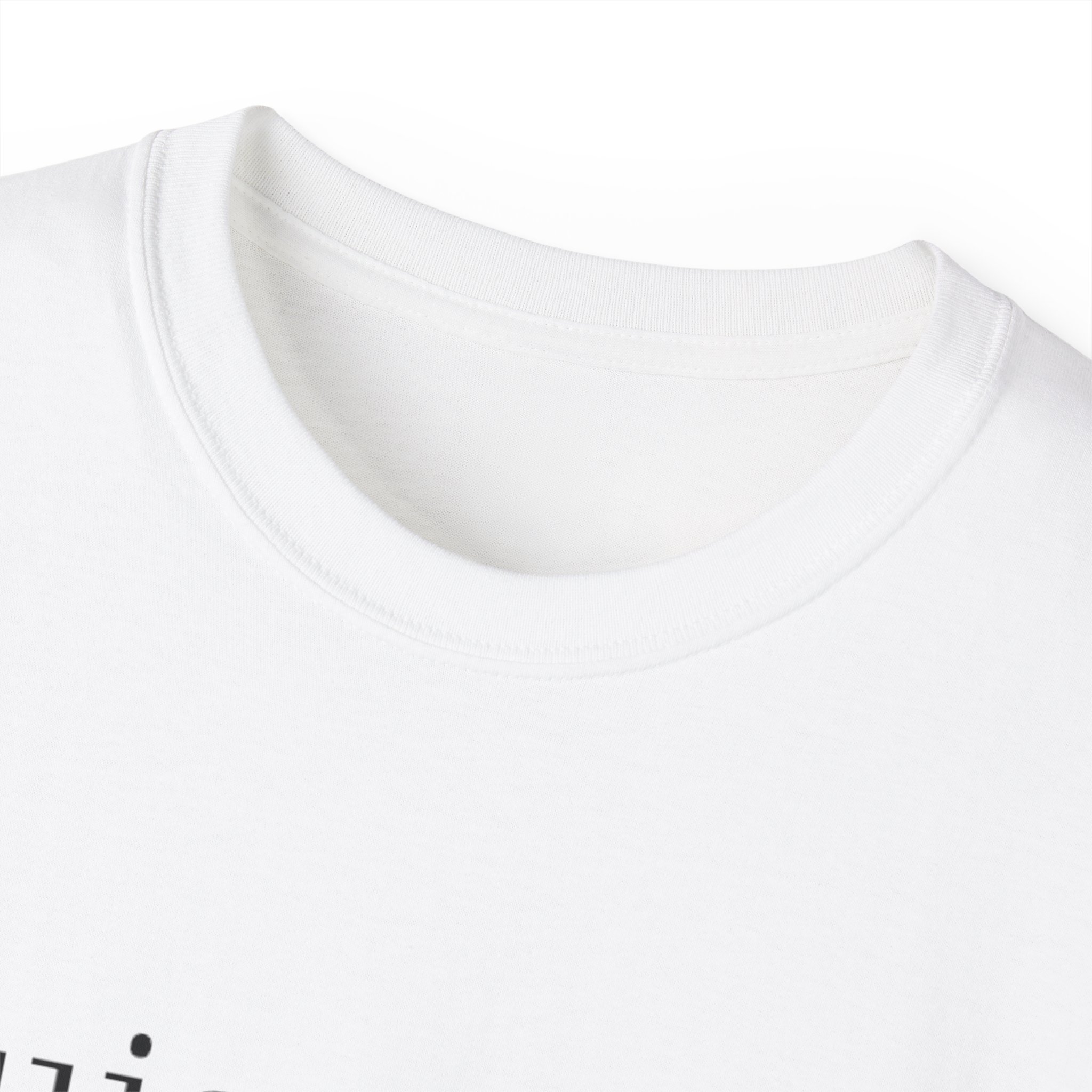 Close-up of a white crewneck T-shirt neckline.