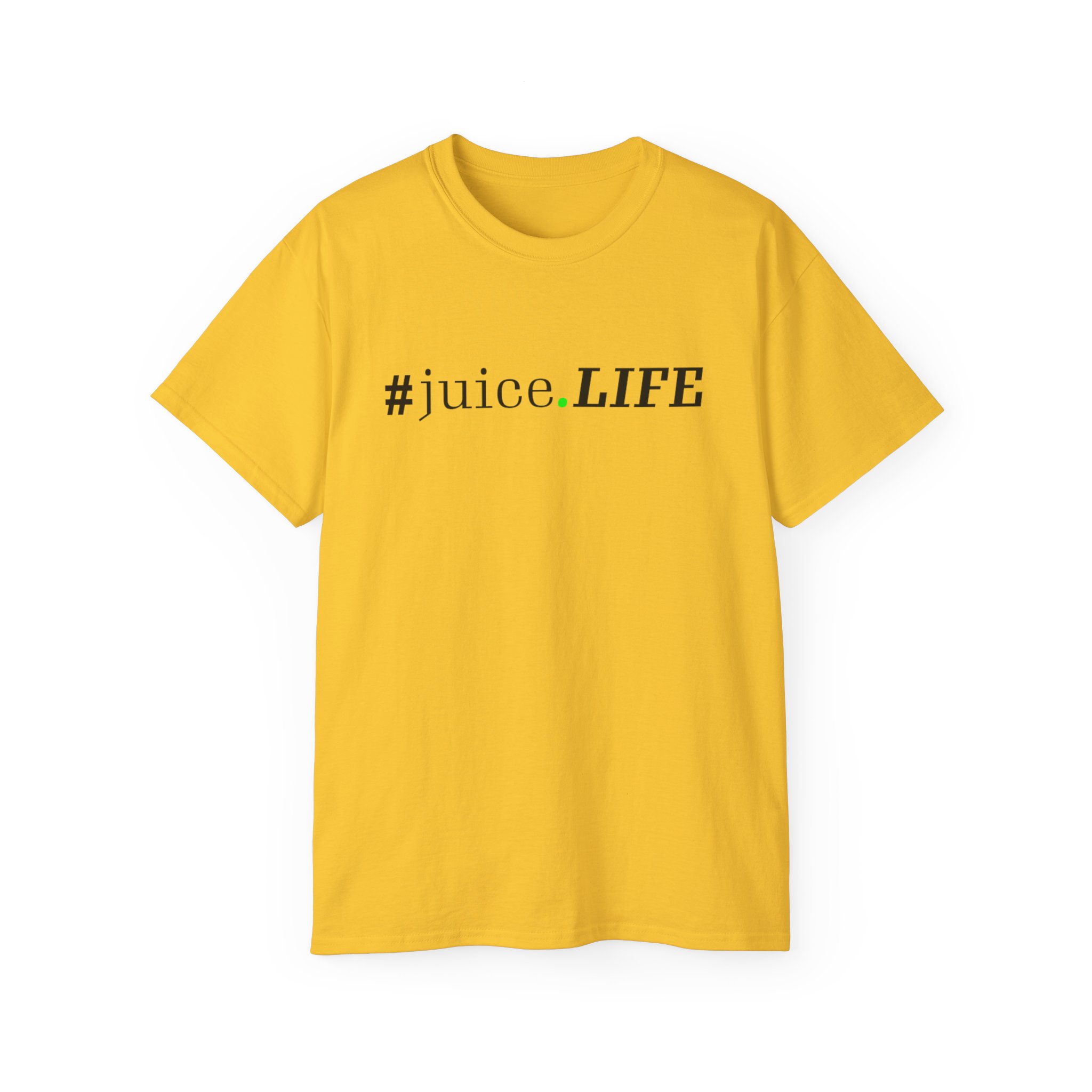 Yellow t-shirt with #juicyLIFE text on front.