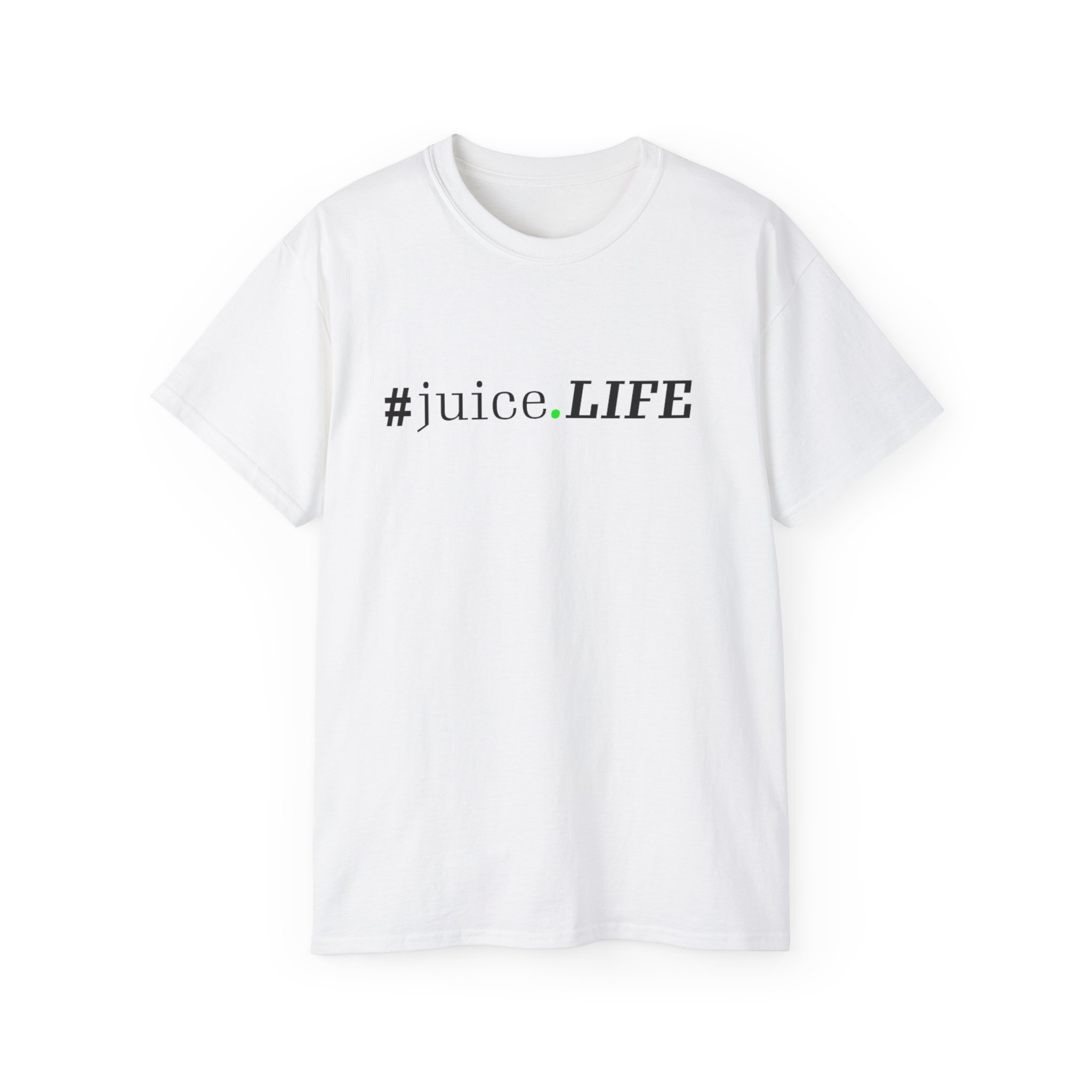 White t-shirt with #juion.LIFE printed in black.