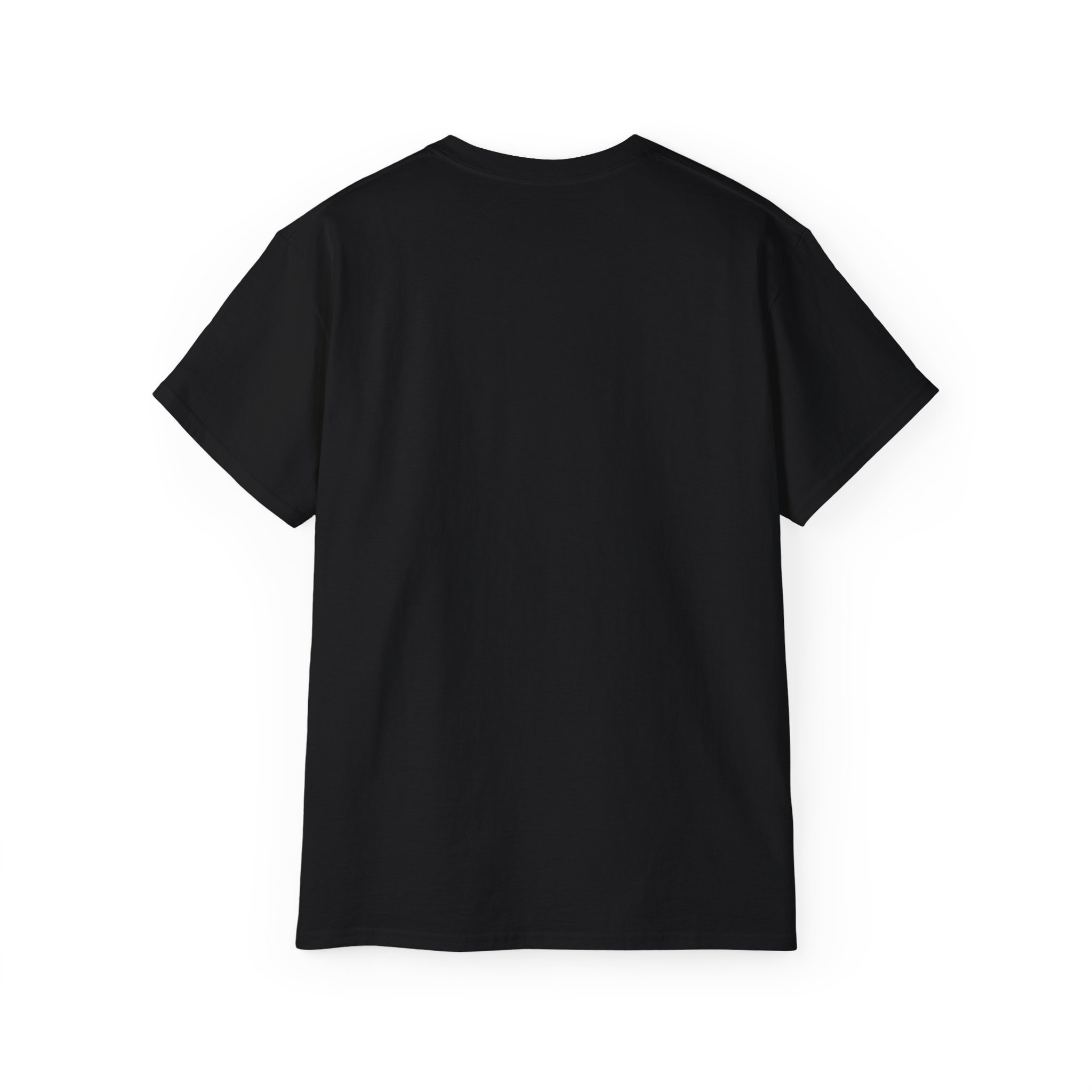 Plain black short-sleeve t-shirt laid flat.