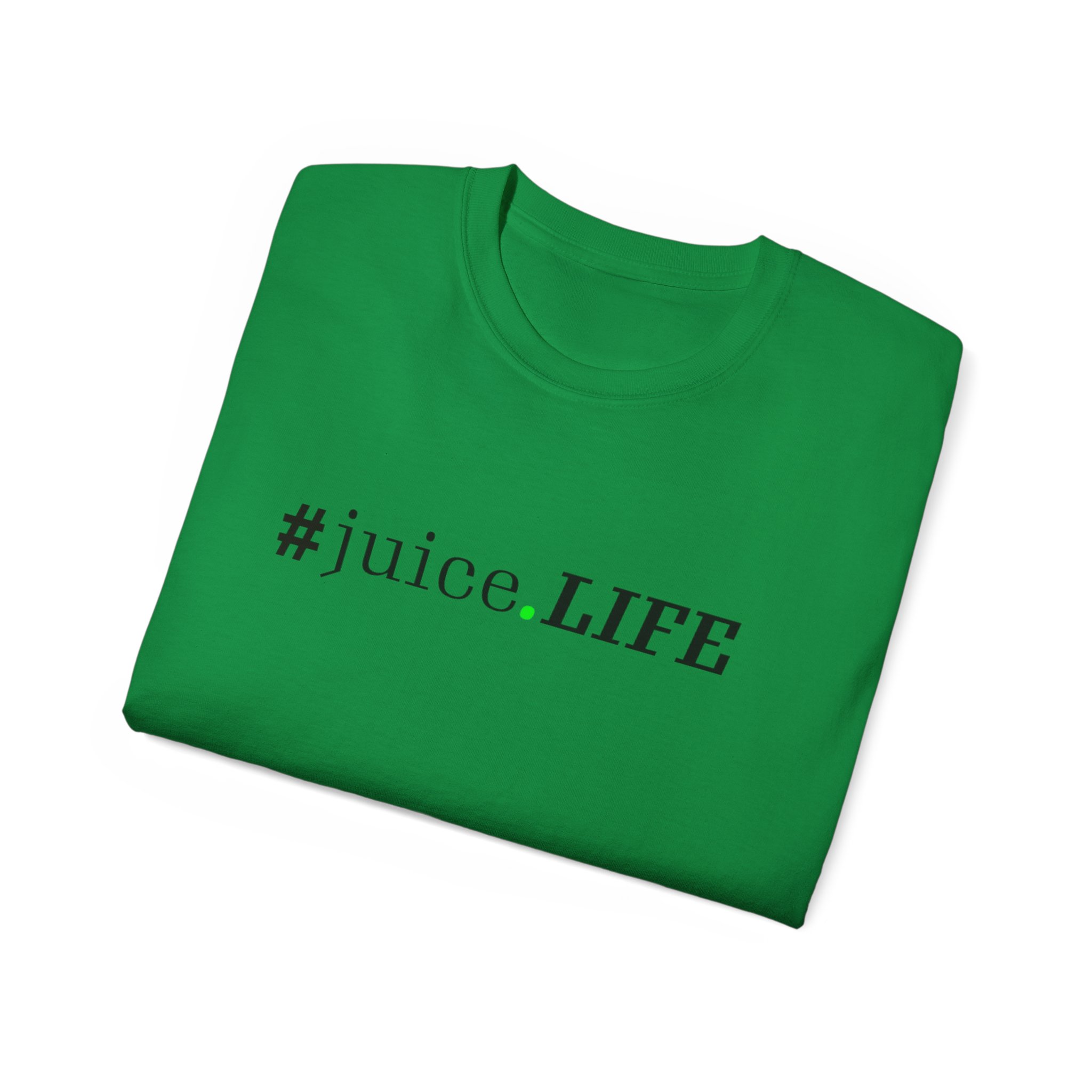 Green folded t-shirt with #juiceLIFE printed on it.