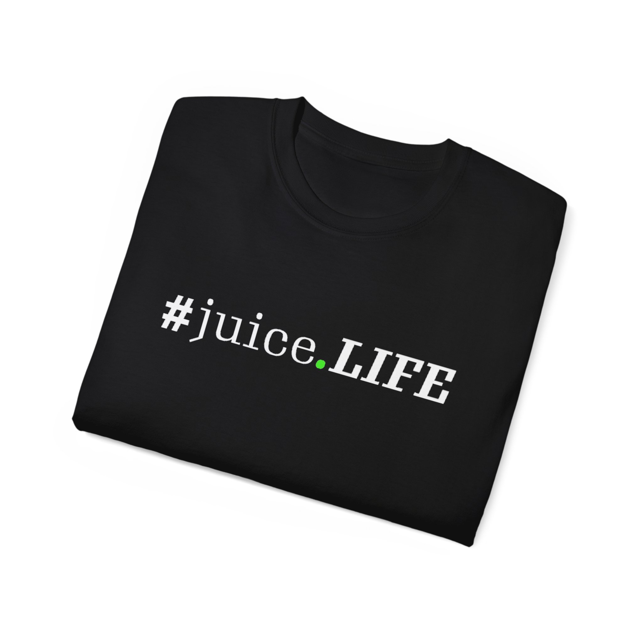 Black t-shirt with '#juice.LIFE' printed in white.