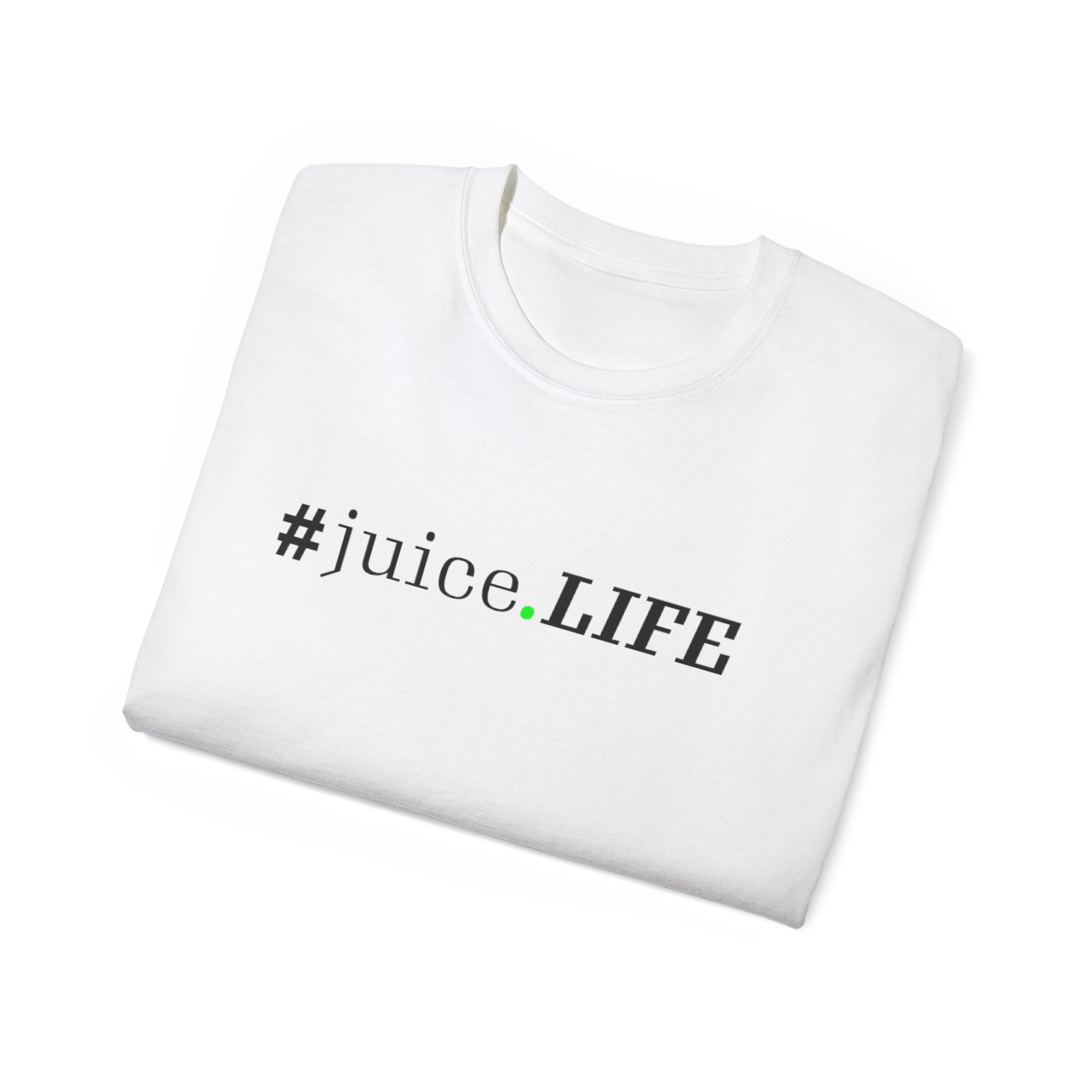 A folded white sweatshirt with '#juice.LIFE' printed on it.